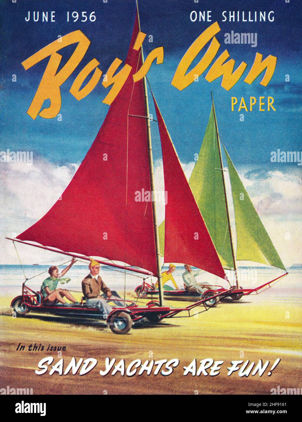 Copertina della rivista vintage del Boy's Own Paper per giugno 1956, con un'illustrazione di yacht terrestri. Foto Stock