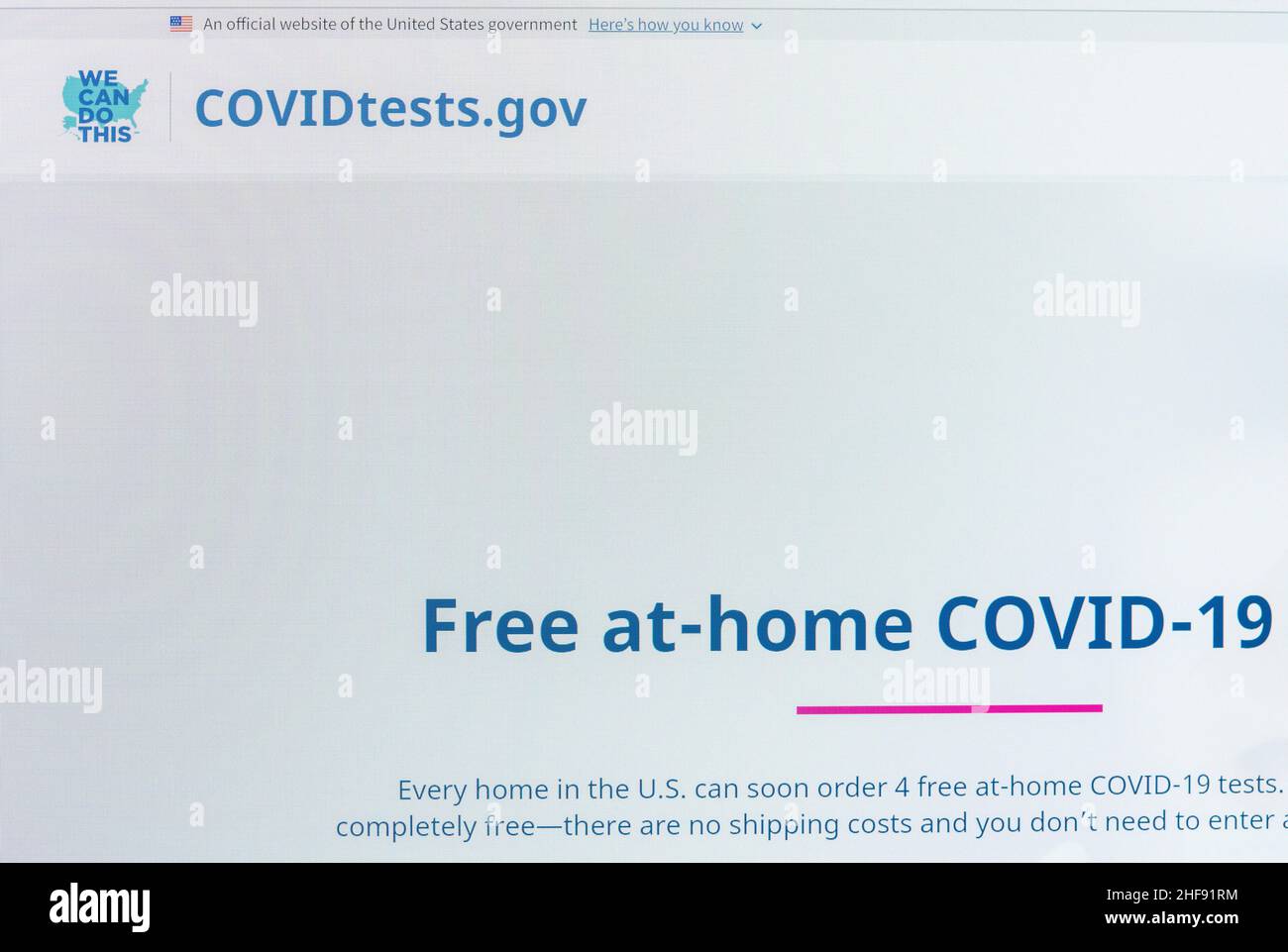 Morgantown, WV - 14 Gennaio 2022: Screenshot del nuovo sito web del governo federale per ordinare i test gratuiti a casa Covid-19 Foto Stock