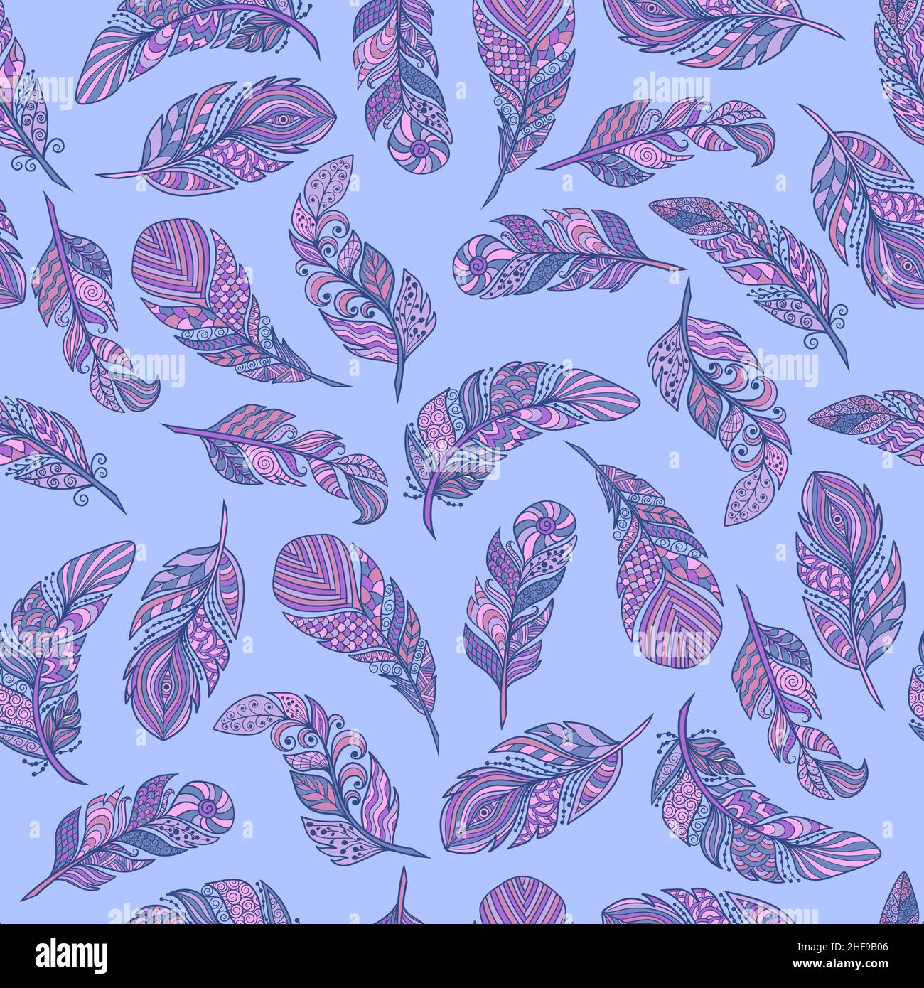 Modello senza giunture, set vettoriale di belle piume astratte in stile etnico su sfondo blu, zenart, tavolozza limitata, per design e decorazione Illustrazione Vettoriale