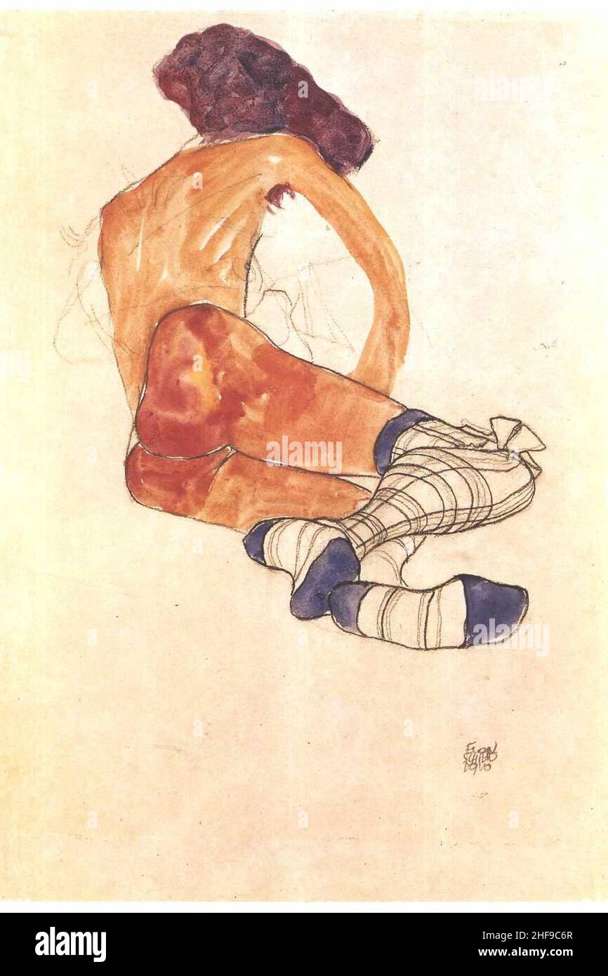 Schiele - Sitzender Weiblicher Akt mit blauem Strumpfband - 1910. Foto Stock