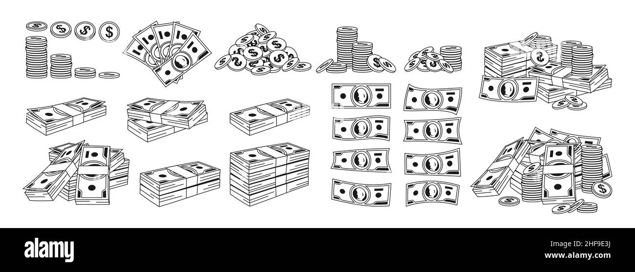 Denaro cash dollaro stack, pila moneta contorno set. Cumulo di monete d'oro, valuta bancaria. Centinaia di dollari di carta pacchetto fattura. Enormi banconote imballate, accumulo di debito finanziario. Illustrazione del vettore Doodle Illustrazione Vettoriale