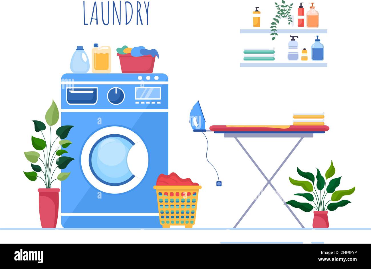 Lavanderia con lavatrici ed asciugatrici in Flat background Illustration. Panno sporco che giace nel cestino e le donne sono vestiti di lavaggio per Banner o Poster Illustrazione Vettoriale