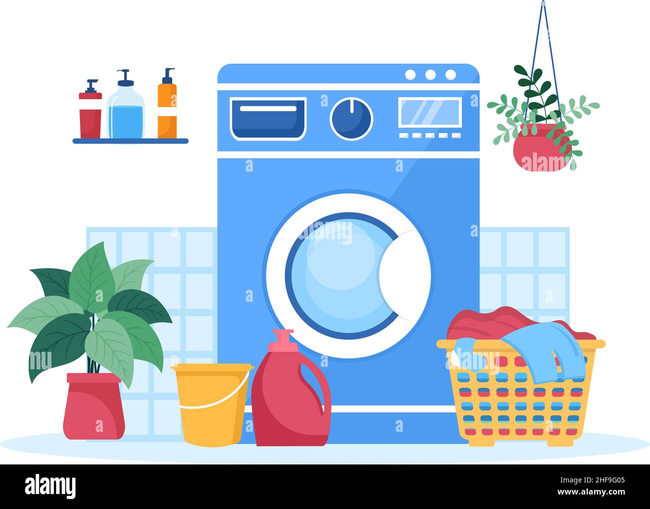 Lavanderia con lavatrici ed asciugatrici in Flat background Illustration. Panno sporco che giace nel cestino e le donne sono vestiti di lavaggio per Banner o Poster Illustrazione Vettoriale