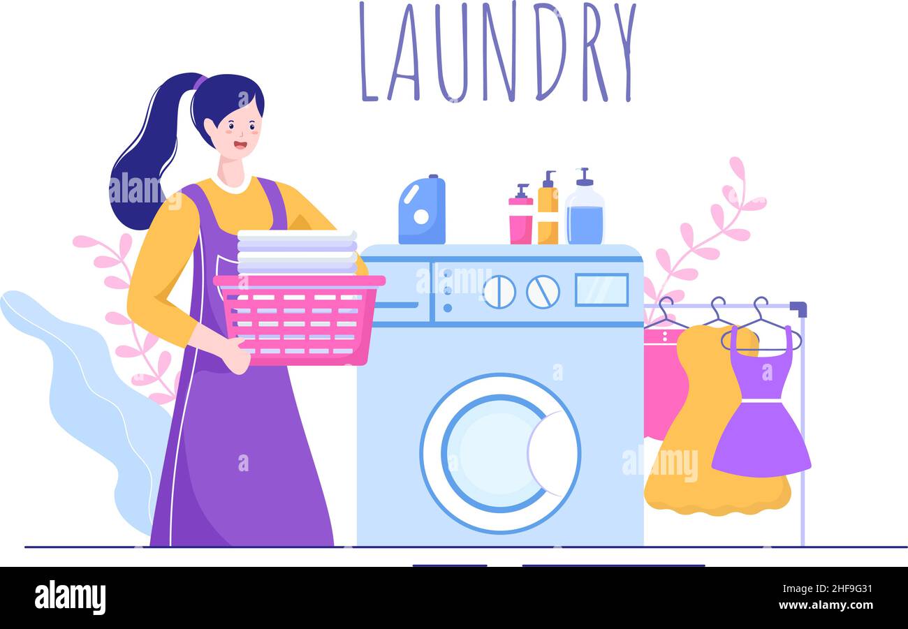 Lavanderia con lavatrici ed asciugatrici in Flat background Illustration. Panno sporco che giace nel cestino e le donne sono vestiti di lavaggio per Banner o Poster Illustrazione Vettoriale