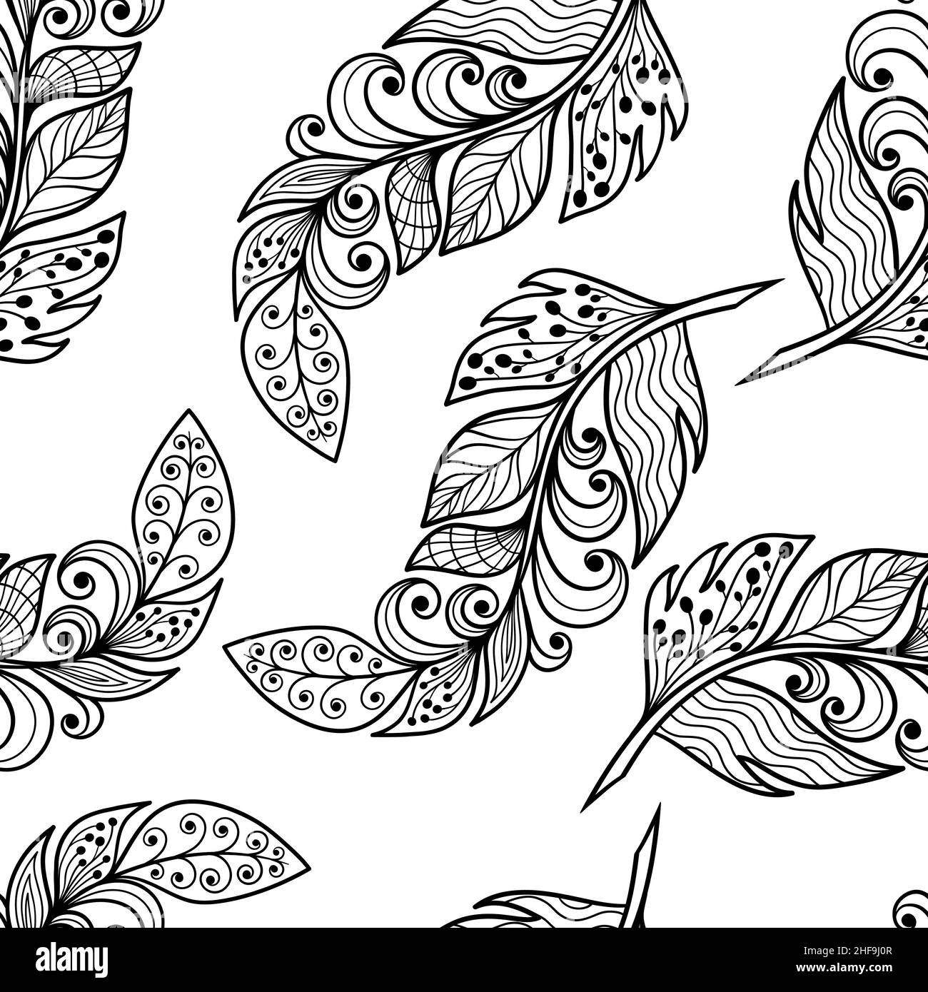 Motivo vettoriale senza giunture con una bella astratta zenart stile piume su uno sfondo bianco, colorazione pagina per bambini e adulti Illustrazione Vettoriale