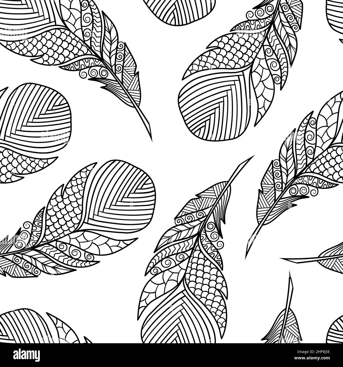 Motivo vettoriale senza giunture con una bella astratta zenart stile piume su uno sfondo bianco, colorazione pagina per bambini e adulti Illustrazione Vettoriale