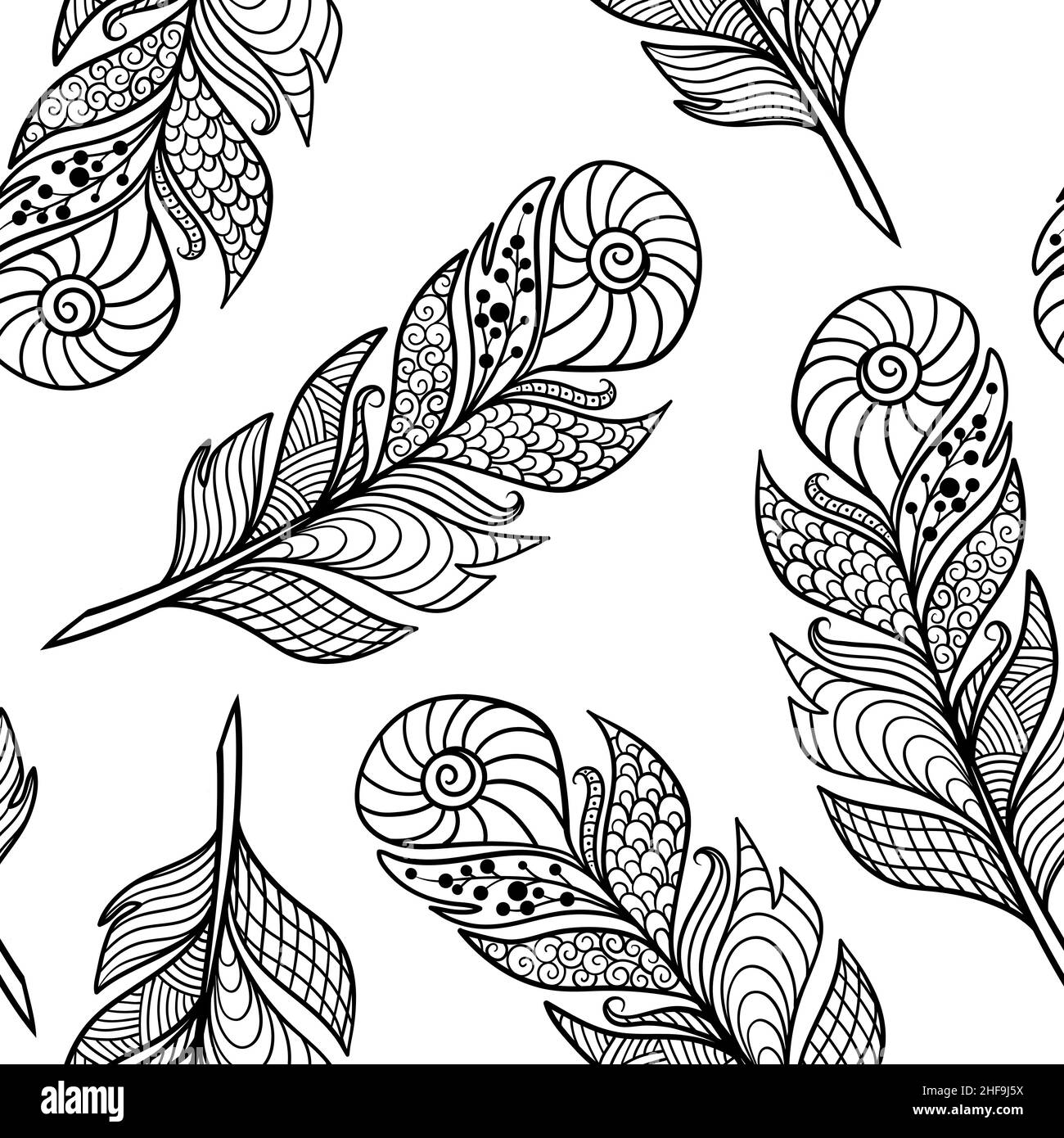Motivo vettoriale senza giunture con una bella astratta zenart stile piume su uno sfondo bianco, colorazione pagina per bambini e adulti Illustrazione Vettoriale