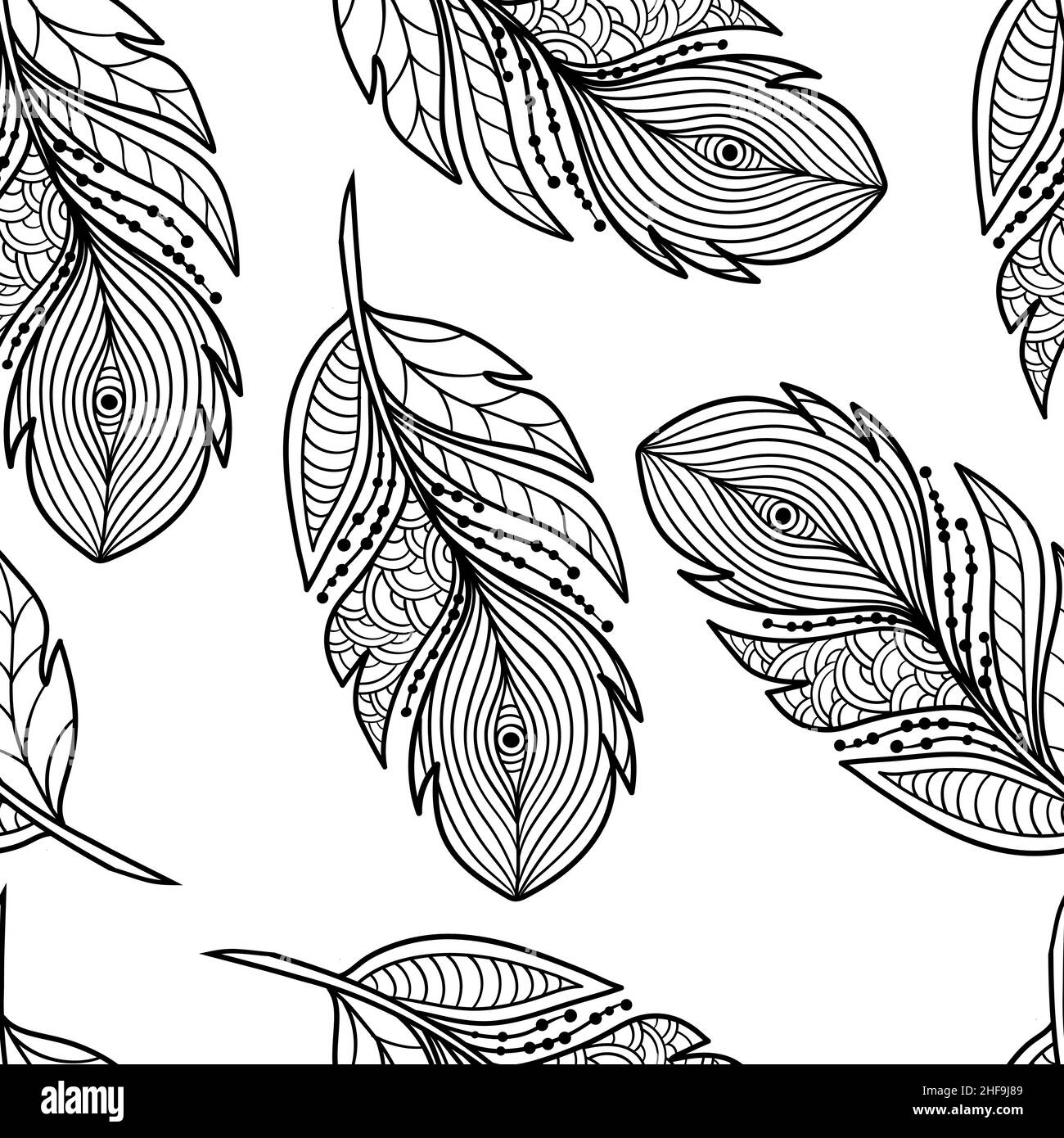 Motivo vettoriale senza giunture con una bella astratta zenart stile piume su uno sfondo bianco, colorazione pagina per bambini e adulti Illustrazione Vettoriale