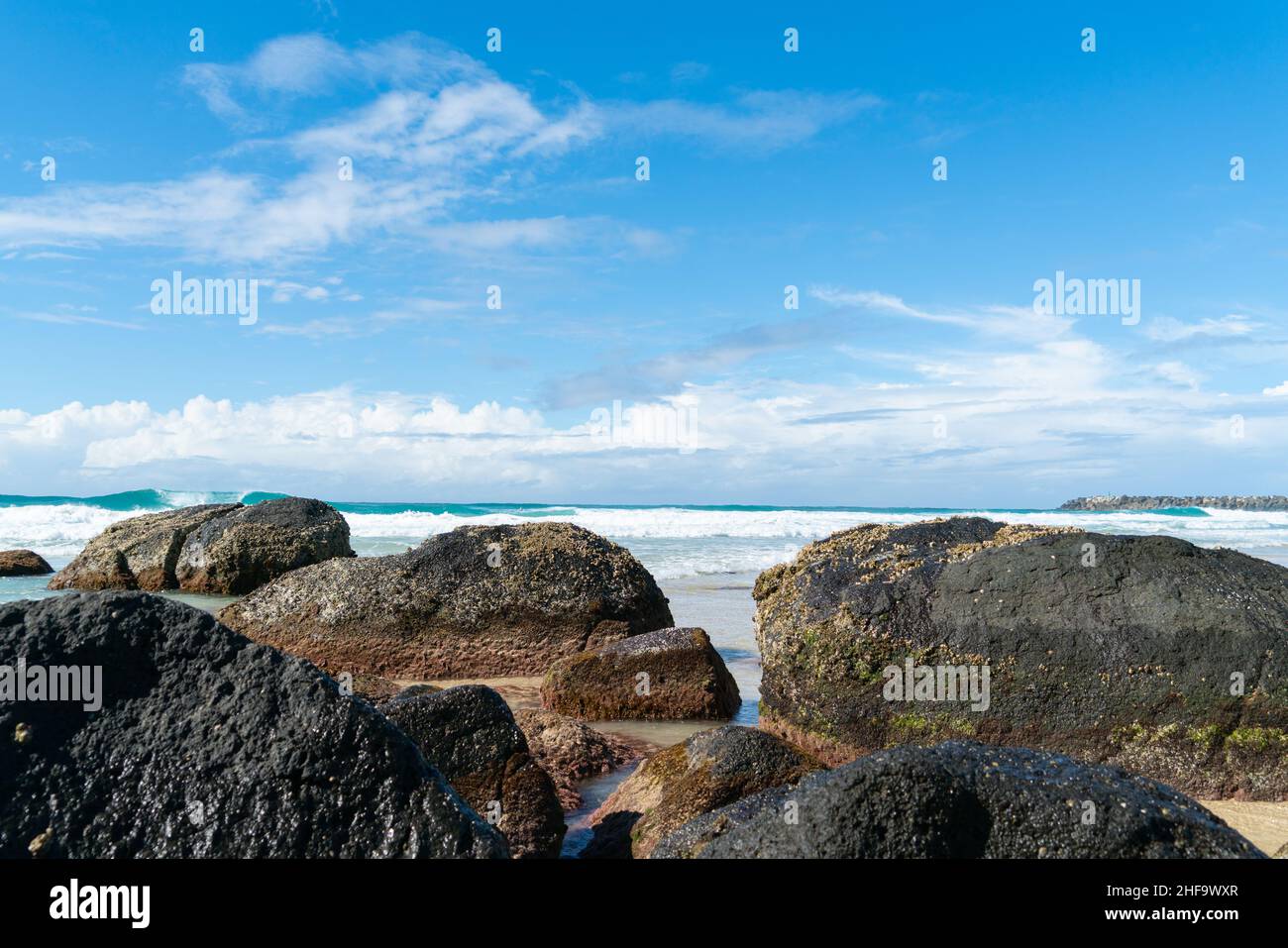 Grandi rocce incrostate al bordo dell'acqua sulla spiaggia di Queensland, Australia. Foto Stock