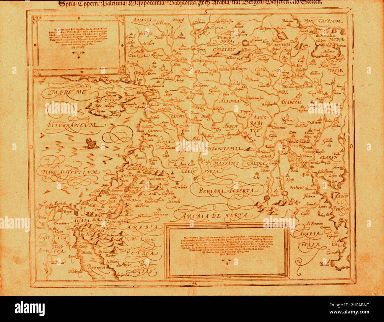 Sebastian Münster. Siria, Cupern, Palestina, Mesopotamia, Babylonia, Zwey Arabia, mit Bergen, Wasseren und Stetten. Basilea; Henricus Petri. 30,3 x 35,7 cm. 1588. Foto Stock