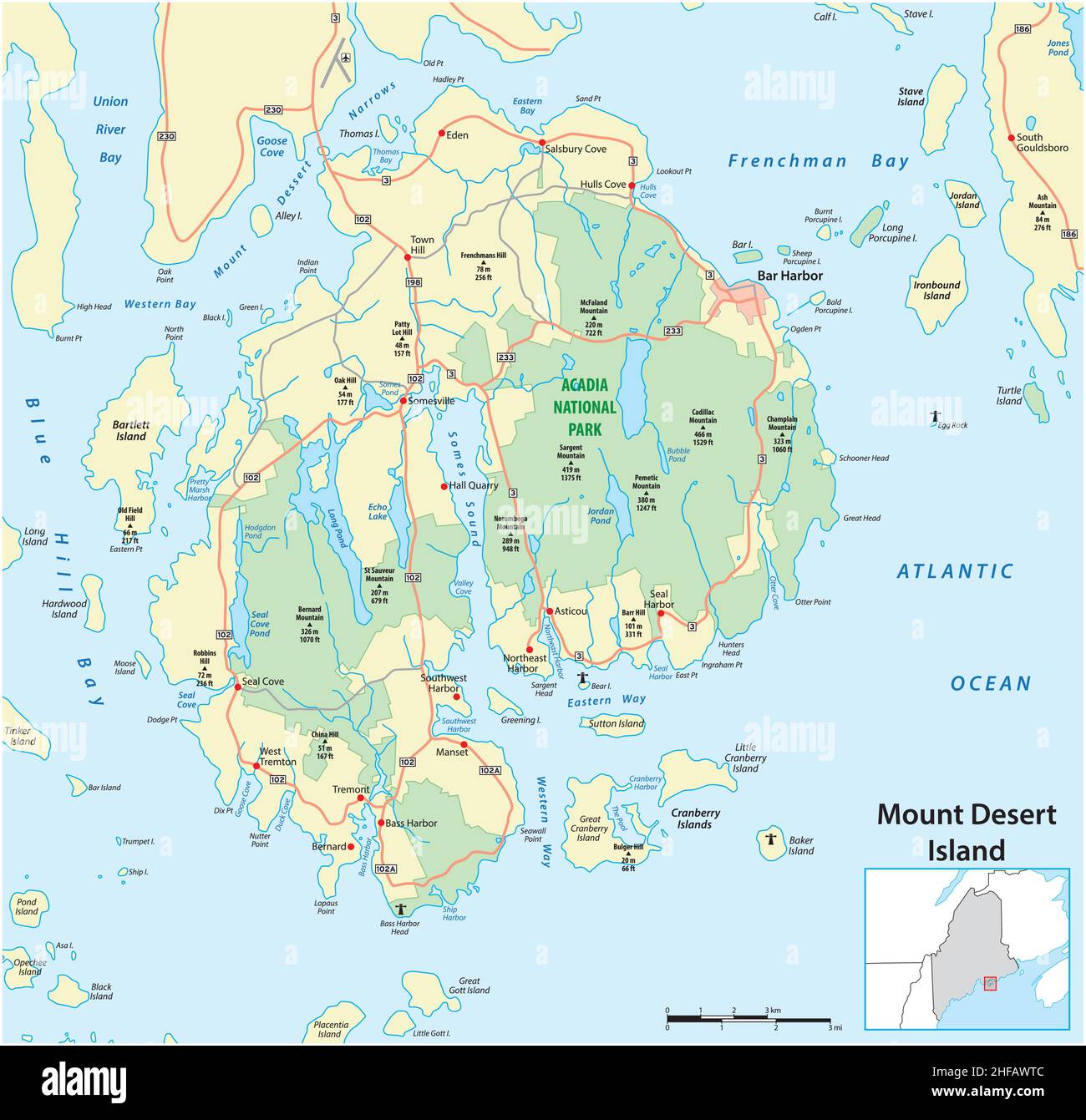 Strade e parco nazionale di Mount Desert Island, Maine, Stati Uniti Illustrazione Vettoriale