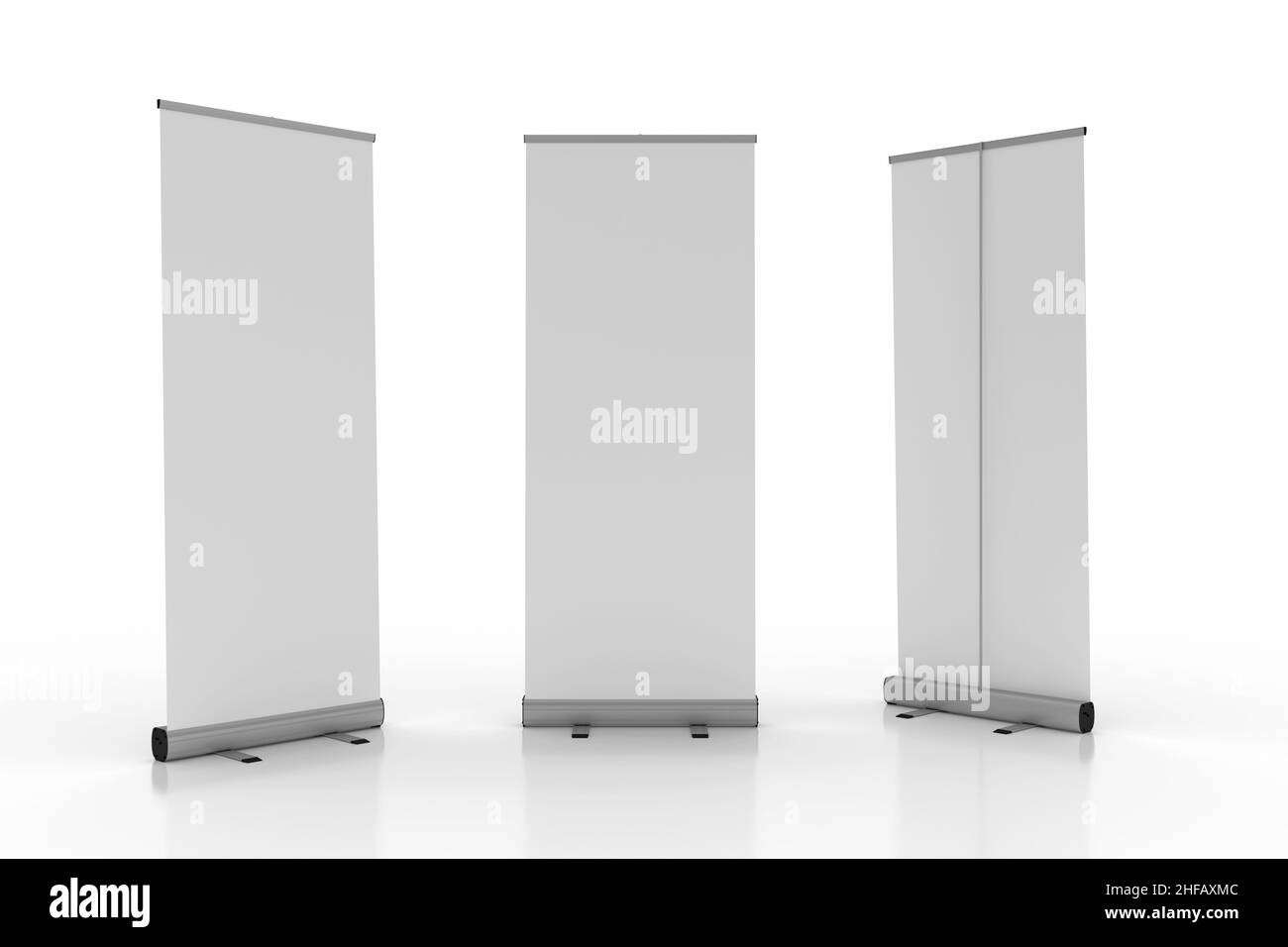 Roll up banner Display Econo, rendering foto realistico 3D che visualizza 3 viste. Parte posteriore anteriore e modello in prospettiva. Illustrazione per il mockup. Foto Stock