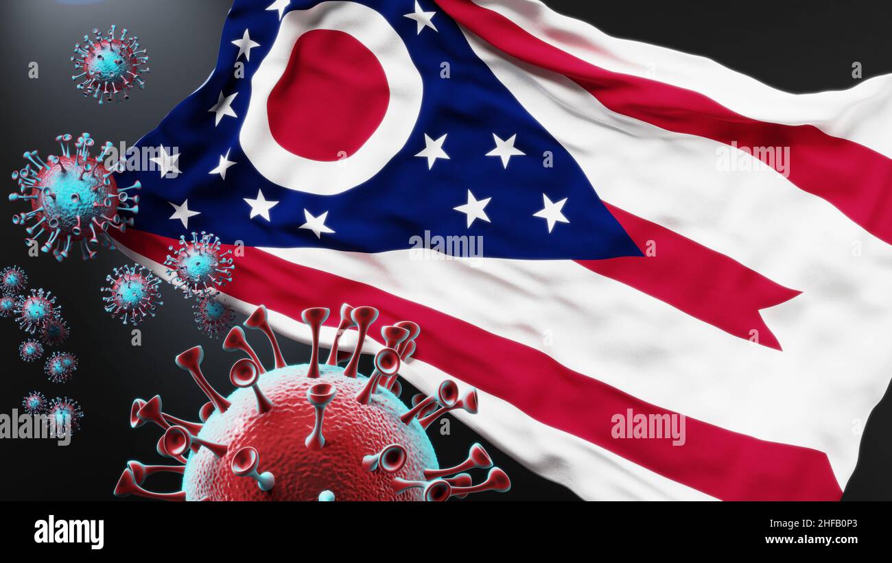 Ohio e covid pandemic - virus che attacca una bandiera di stato dell'Ohio come simbolo di una lotta e lotta con il virus pandemic in questo stato, 3D Illustrat Foto Stock