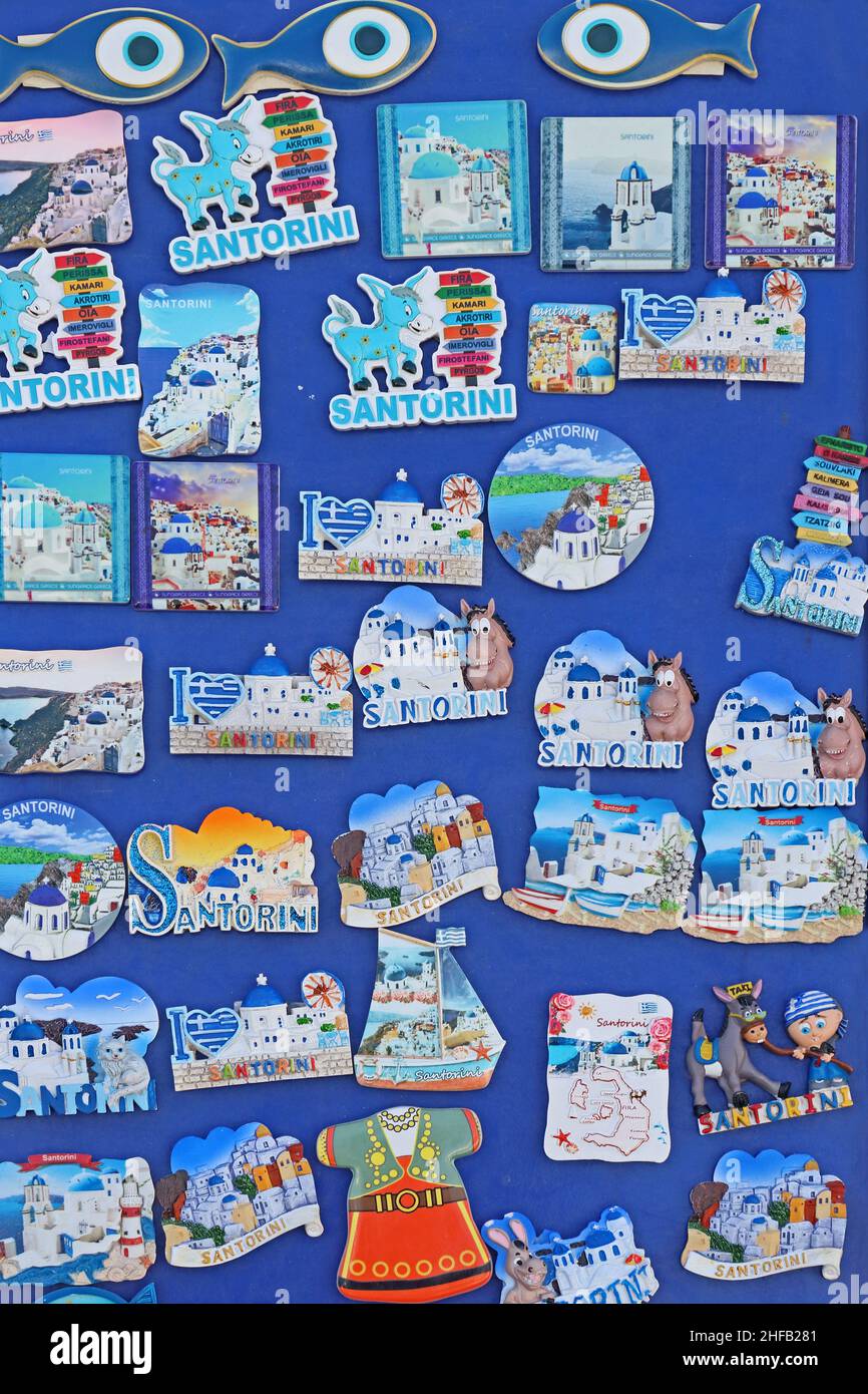 Souvenir magneti frigorifero, Santorini Foto Stock