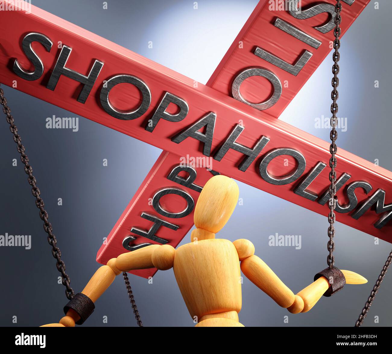 Controllo, potere, influenza e manipolazione dello Shopaholism simbolizzati dalla barra di controllo con la parola Shopaholism che tira le corde (catene) di un pupazzo di legno Foto Stock