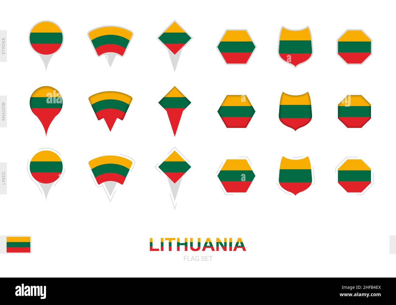 Collezione della bandiera lituana in forme diverse e con tre effetti diversi. Set di flag vettoriali. Illustrazione Vettoriale