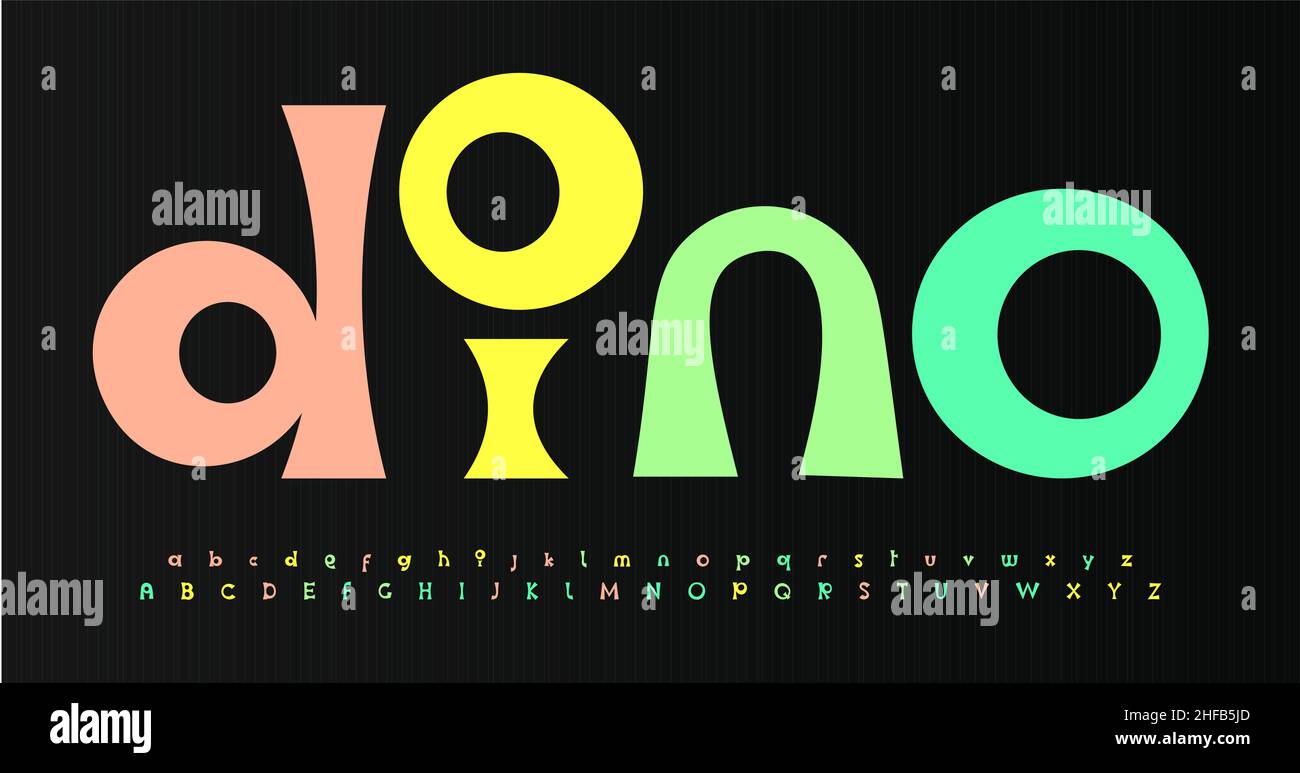 Colore carattere giocoso allegro alfabeto colore cartoni animati lettere. Set di lettere fumetto funky per il logo e il titolo di compleanno dei bambini, copertina libro per bambini, cartoon t Illustrazione Vettoriale