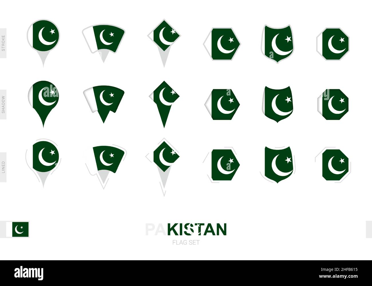 Collezione della bandiera pakistana in forme diverse e con tre effetti diversi. Set di flag vettoriali. Illustrazione Vettoriale