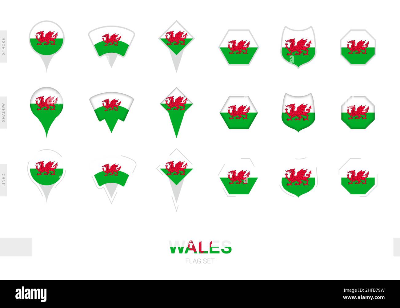 Collezione della bandiera del Galles in diverse forme e con tre effetti diversi. Set di flag vettoriali. Illustrazione Vettoriale