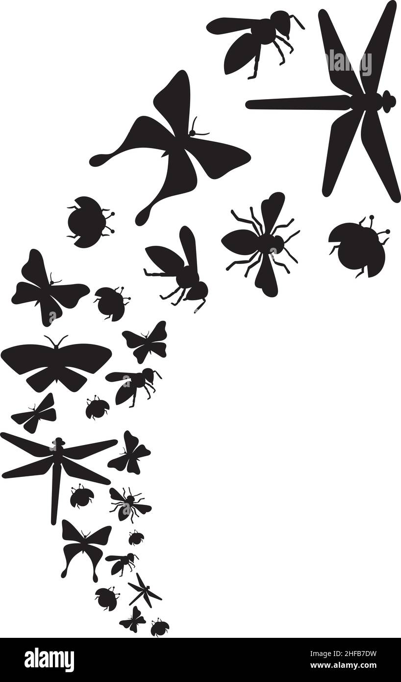 Insetti volanti (libellula, ape, farfalla, ladybug). Illustrazione vettoriale. Illustrazione Vettoriale