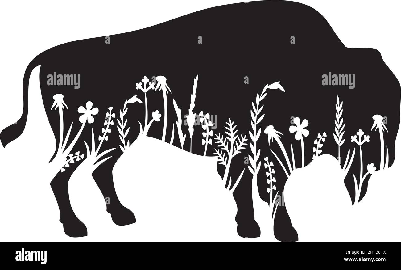 Icona vettoriale del bisonte americano floreale (bufala) (silhouette di erba - fiori e piante). Illustrazione Vettoriale
