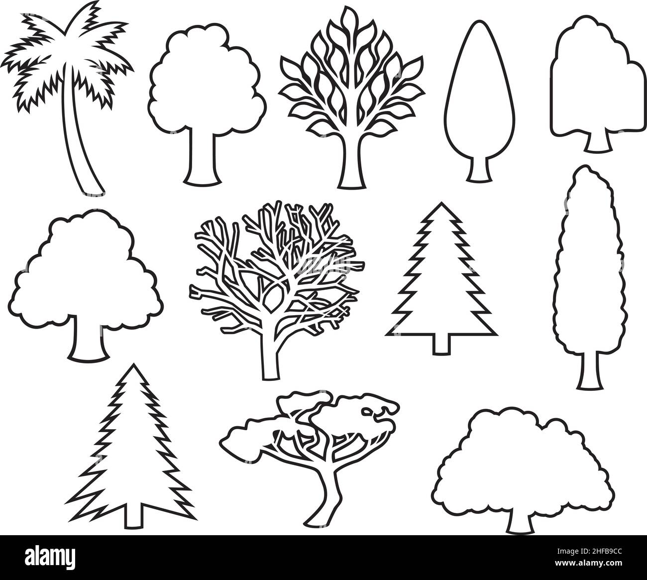 Alberi icone linea sottile set illustrazione vettoriale Illustrazione Vettoriale