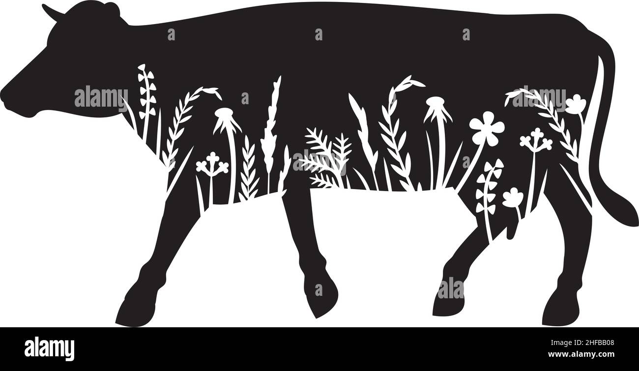 Mucca floreale (silhouette di erba - fiori e piante). Illustrazione vettoriale. Illustrazione Vettoriale
