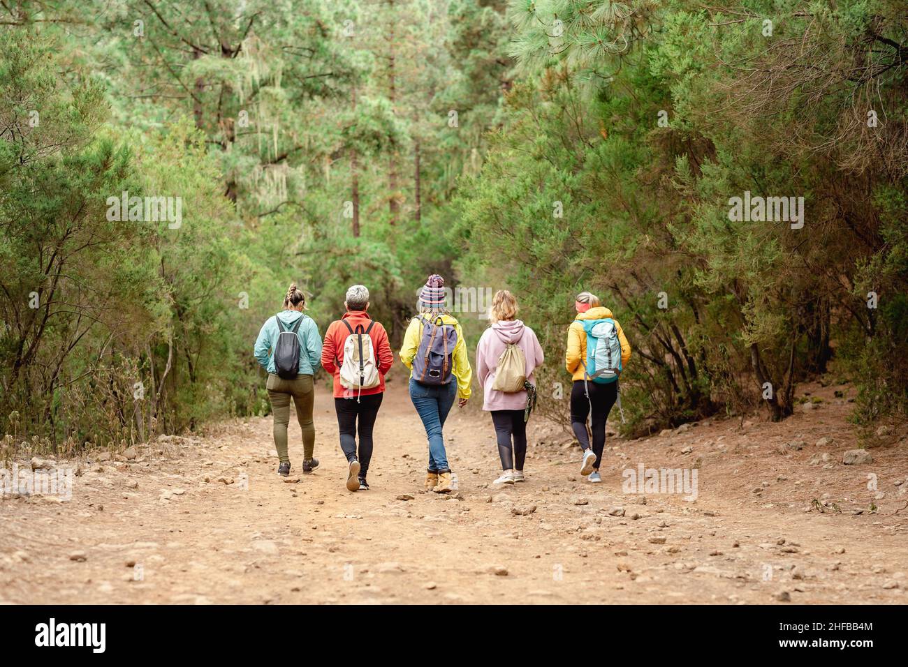 Gruppo di donne che si divertono a camminare nei boschi - concetto di avventura e di persone di viaggio Foto Stock