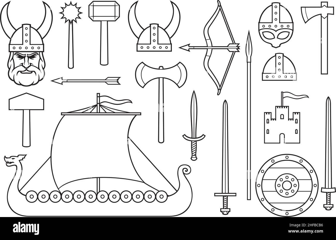 Collezione di icone vichinghe (spada, scudo di legno rotondo, nave lunga, casco cornato, macis, martello, freccia, arco, ascia, torre, vecchio castello) Illustrazione Vettoriale