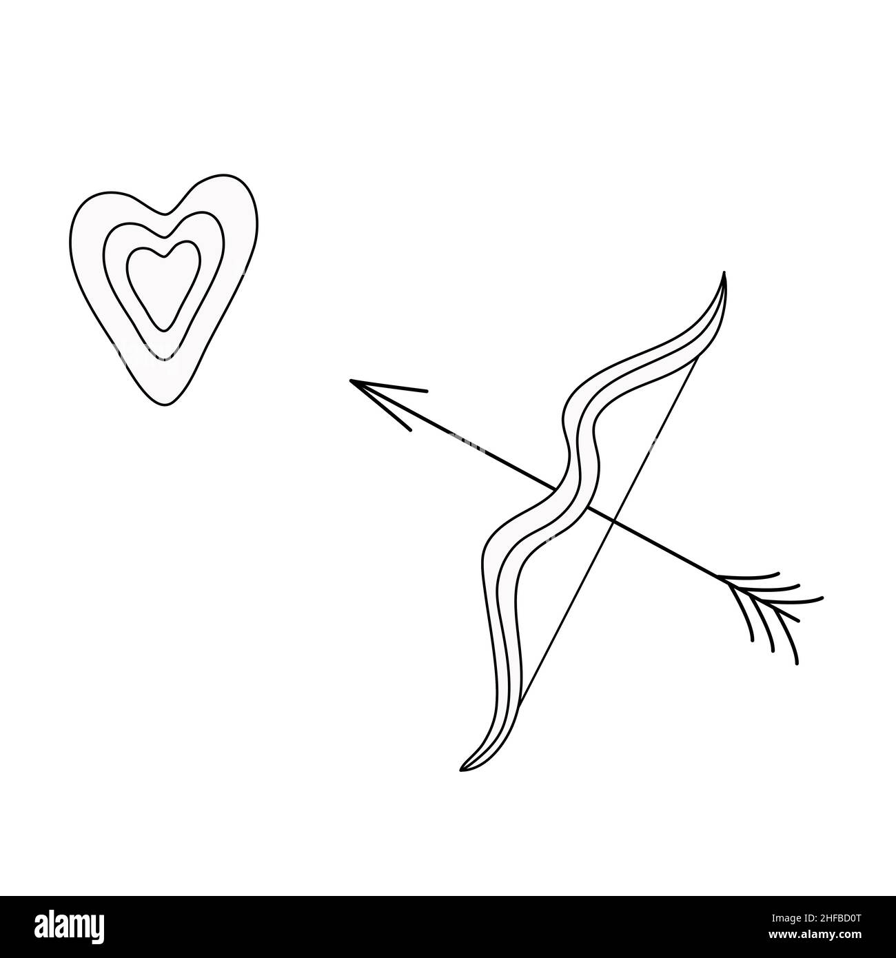 Bianco e nero in stile contorno la freccia di Cupido punta al cuore. Concetti di progettazione vettoriale per San Valentino Illustrazione Vettoriale