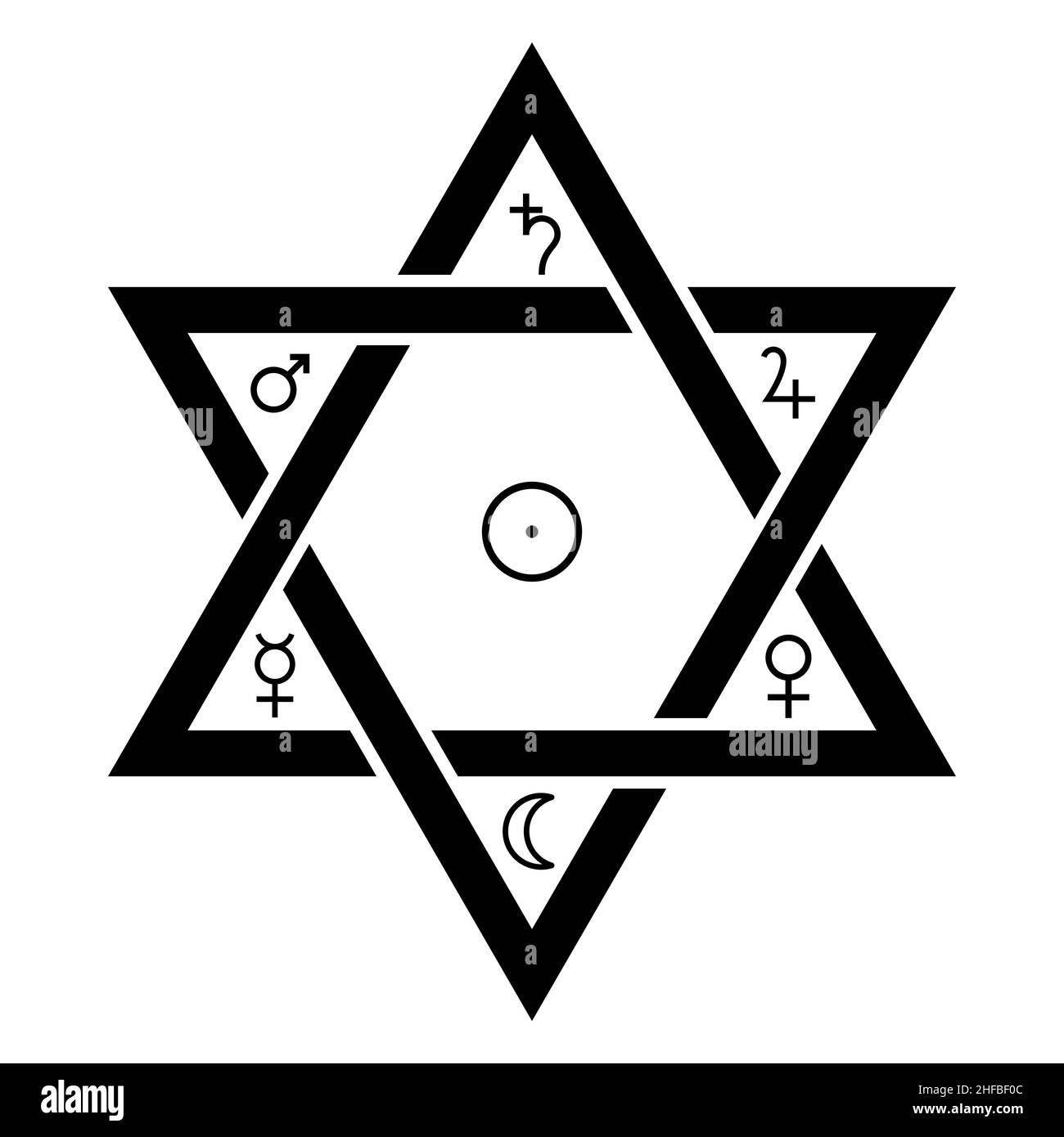 I simboli classici del pianeta astrologico nel Sigillo di Salomone. Simbolo  a forma di esagramma, attribuito al re Salomone Foto stock - Alamy
