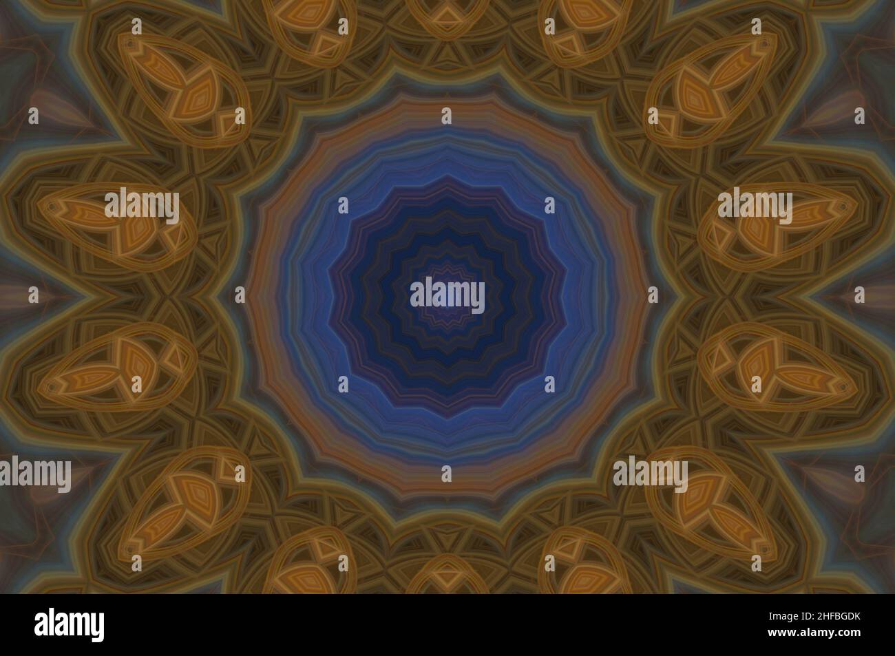Arte digitale, illustrazione 3D. Schema astratto di caleidoscopio blu, giallo e marrone Foto Stock