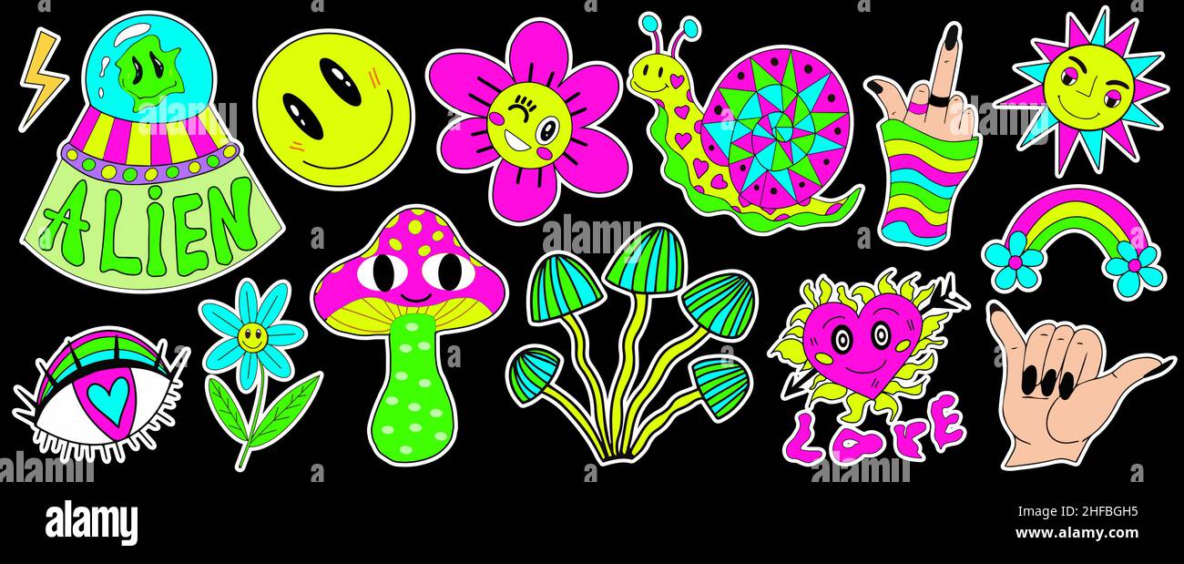 Set di hipster psichedelici. Retro 70s, adesivi hippie, elementi grovy. Cartoon funky fiori, arcobaleno, vintage stile hippy. Illustrazione vettoriale Illustrazione Vettoriale