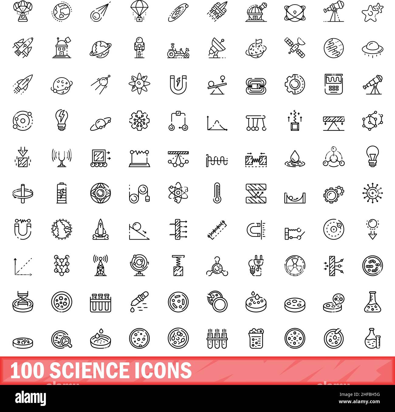 set di 100 icone scientifiche. Illustrazione di un vettore di 100 icone scientifiche isolato su sfondo bianco Illustrazione Vettoriale