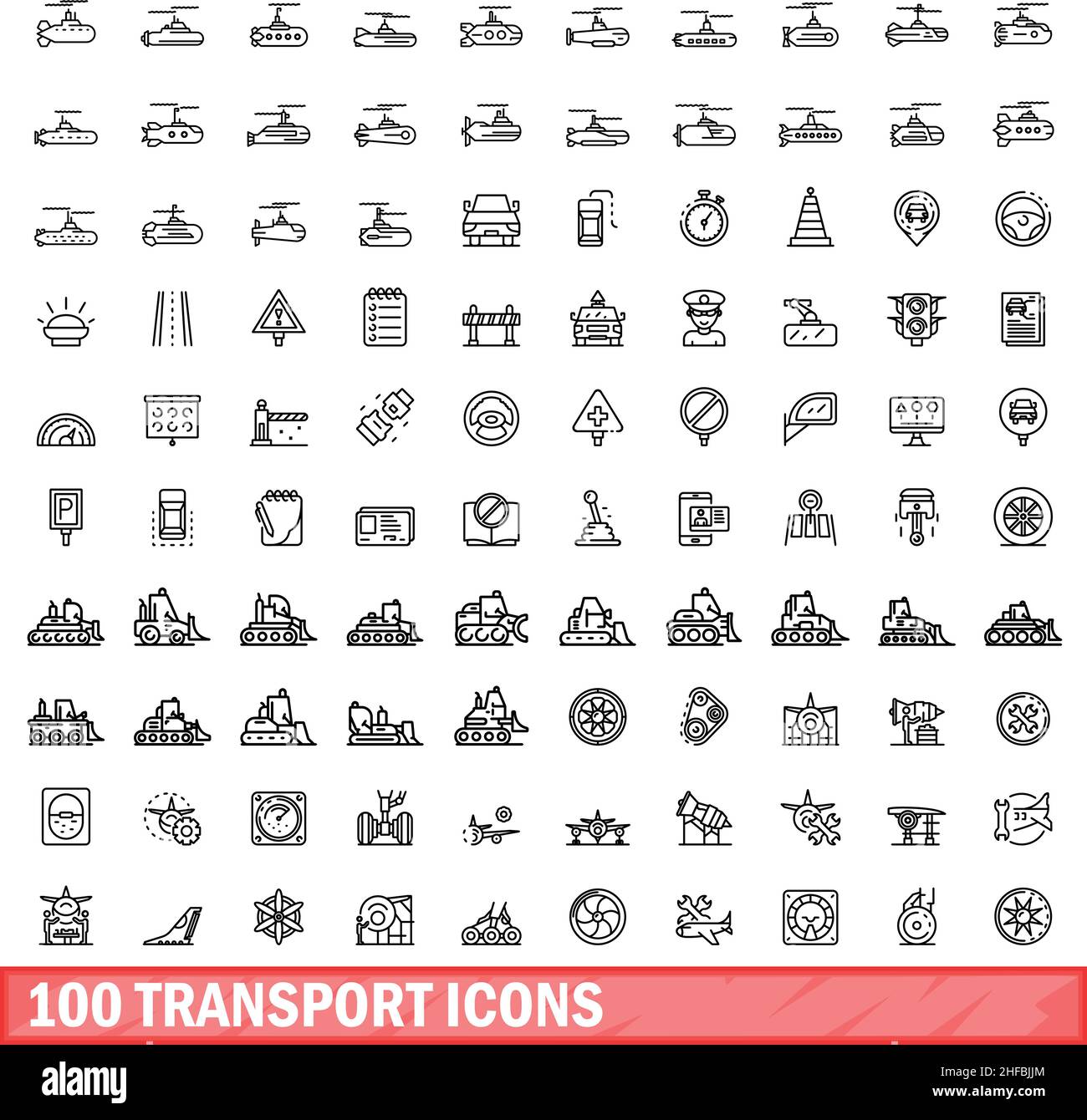100 icone di trasporto impostate. Illustrazione schematica di 100 icone di trasporto vettore isolato su sfondo bianco Illustrazione Vettoriale