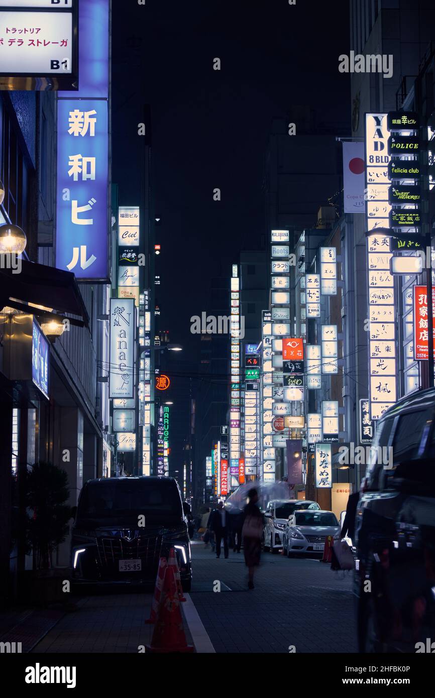 Tokyo, Giappone - 24 ottobre 2019: Le luci notturne di Ginza. Loghi, pubblicità e striscioni attrarre negozi e ristoranti. Tokyo. Giappone Foto Stock