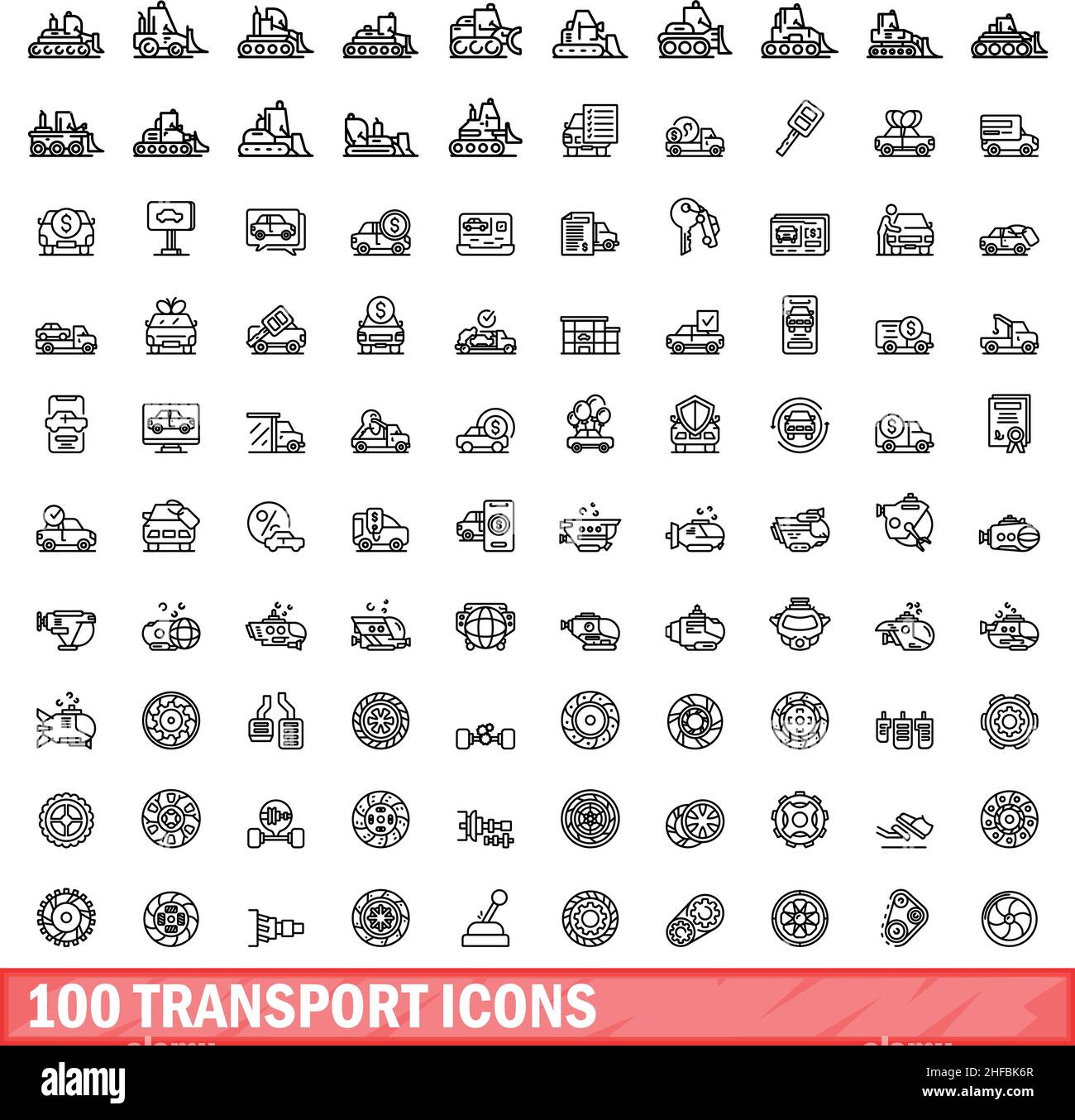 100 icone di trasporto impostate. Illustrazione schematica di 100 icone di trasporto vettore isolato su sfondo bianco Illustrazione Vettoriale