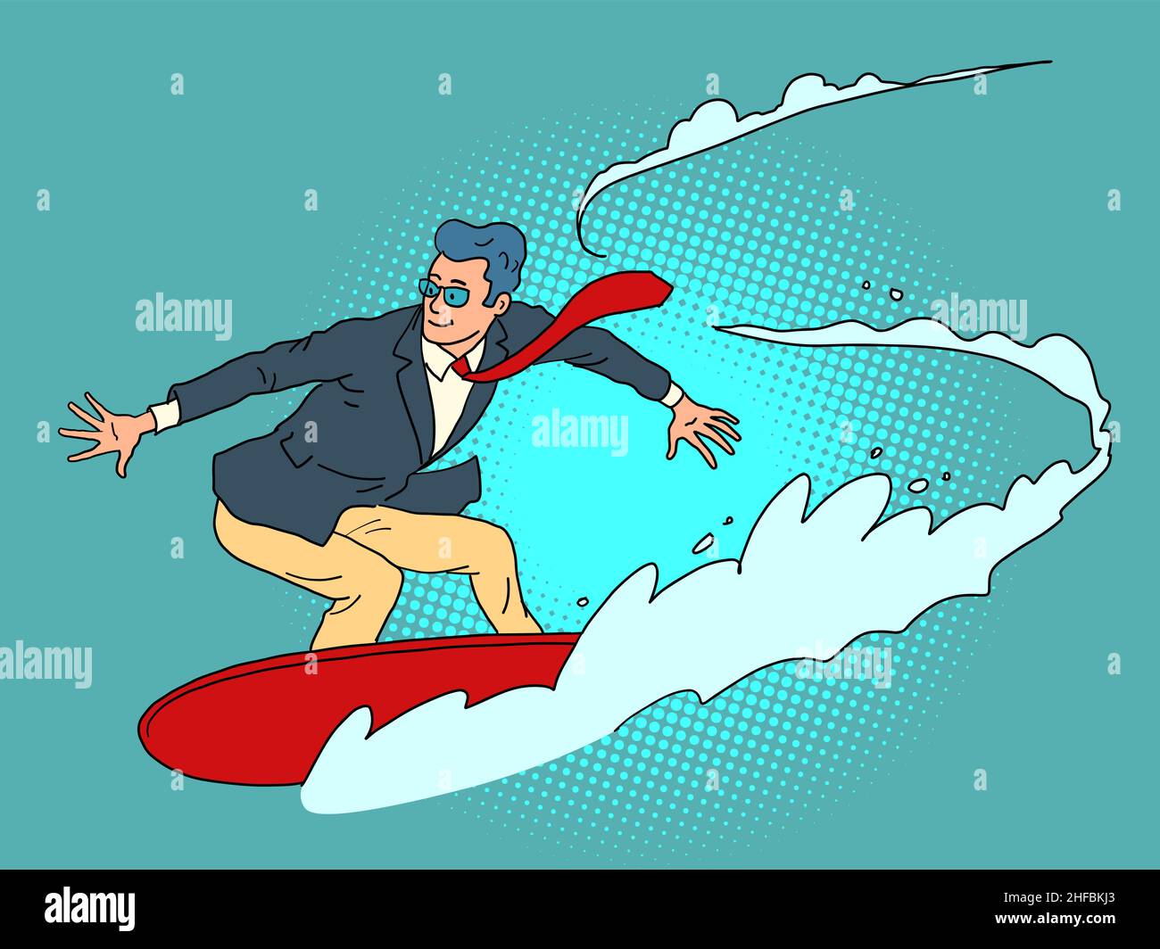 un uomo d'affari su una tavola d'acqua è impegnato in surf, velocità e sport estivi Illustrazione Vettoriale