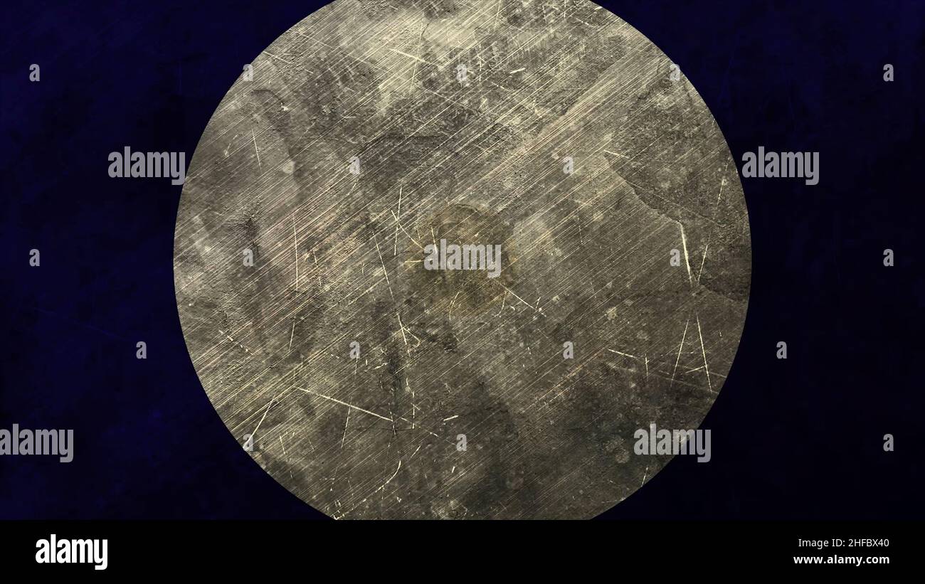 Cerchi strutturati in metallo dalla transizione orizzontale centrale. Sfondo astratto in stile piatto con animazione di cerchi strutturati in metallo. Raggio del cerchio piatto Foto Stock