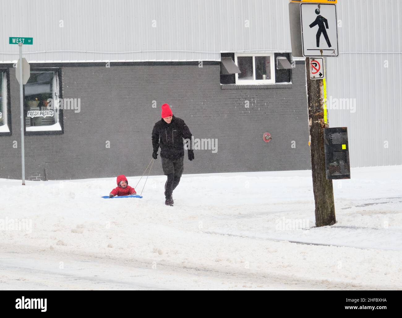 Halifax, Nuova Scozia, Canada. Gennaio 15th, 2022. I bambini si divertono a essere tirati attraverso le strade di Halifax mentre la città si sveglia da una grande bomba meteorologica. Il massiccio sistema meteo ha colpito la provincia durante la notte, con un mix di pioggia, neve e venti fino a 100km/h. Foto Stock