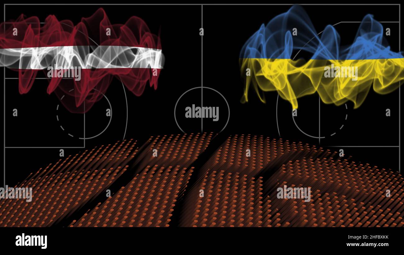 Lettonia vs Ucraina Basket, bandiera di fumo, gioco di sport Foto Stock