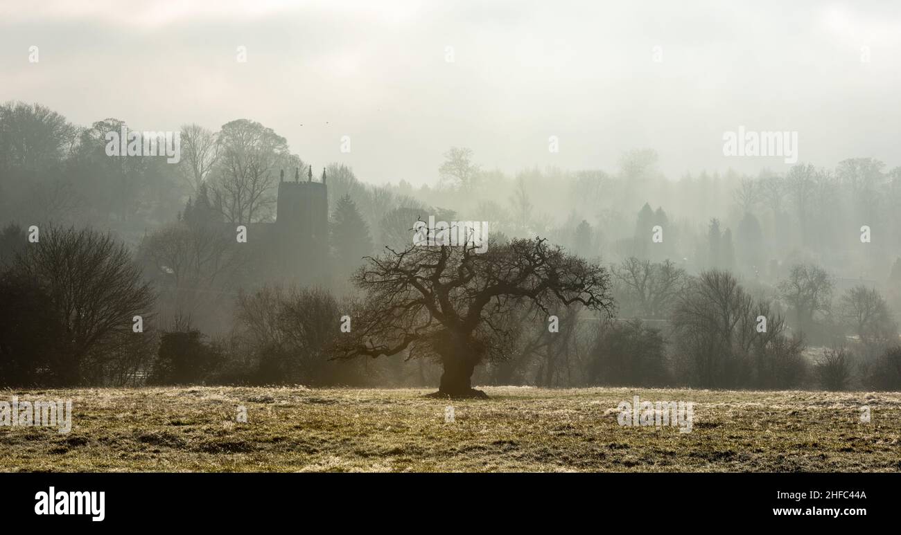 Woolsthorpe, vale di Belvoir, Regno Unito. 15th Jan 2022. La Chiesa di San Giacomo nella nebbia a Woolsthorpe nella vale di Belvoir. Neil Squires/Alamy Live News Foto Stock