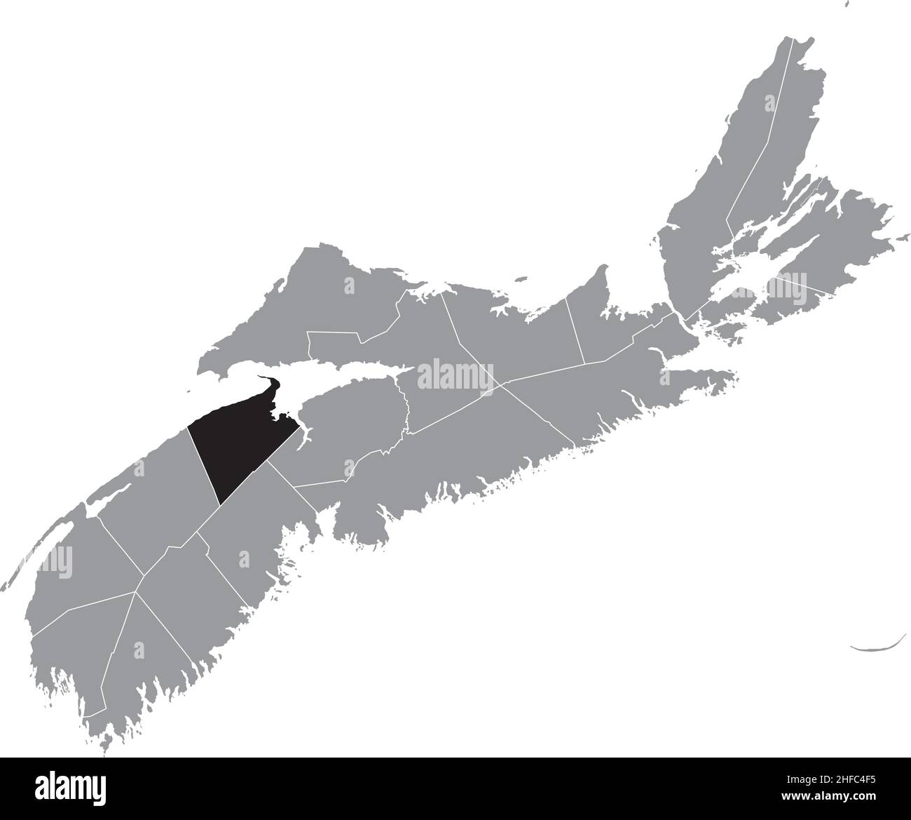 Nero piatto vuoto evidenziato mappa posizione della CONTEA DI KINGS all'interno grigio mappa amministrativa delle contee della provincia canadese di Nova Scotia, Canada Illustrazione Vettoriale