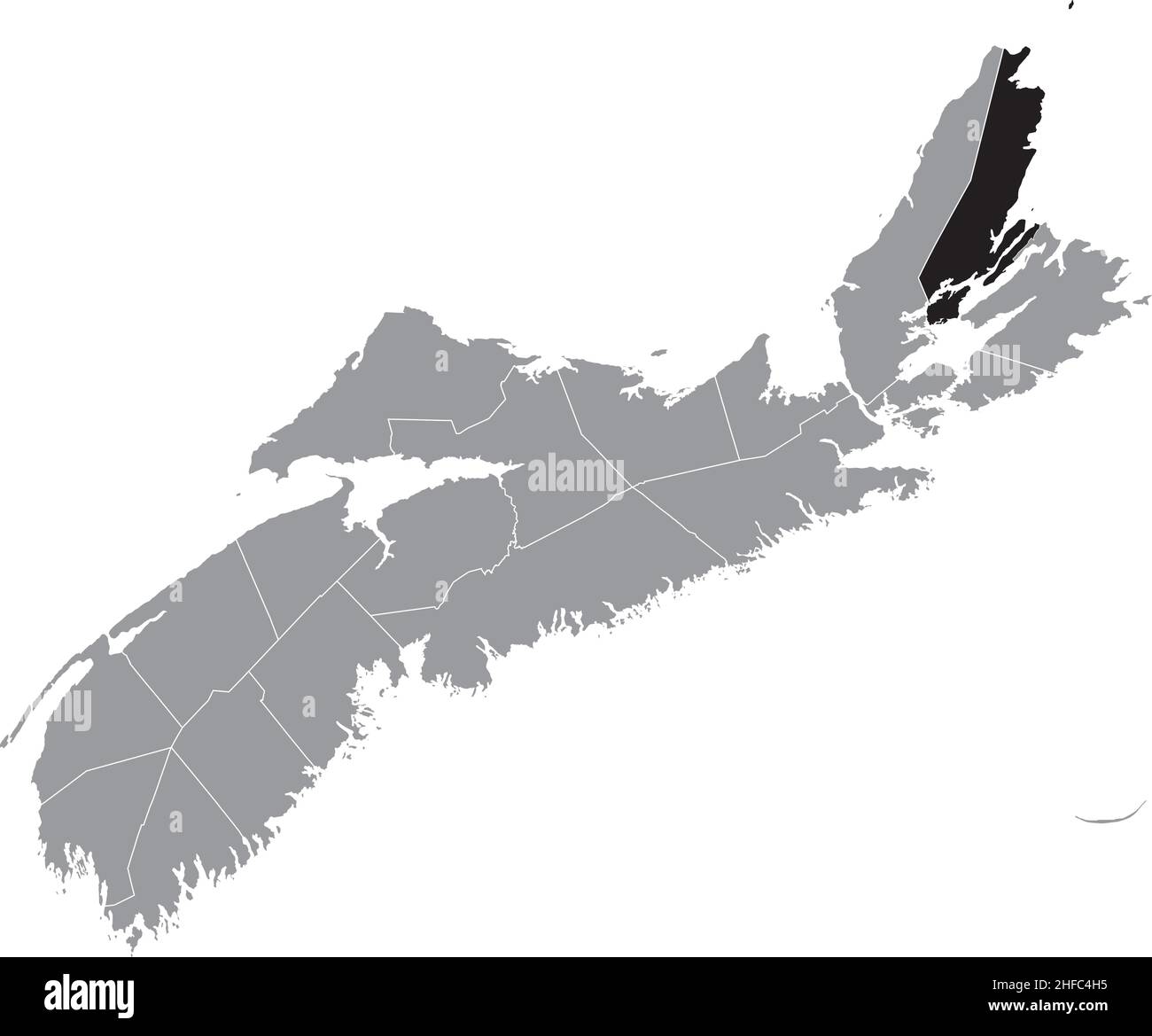 Nero piatto vuoto evidenziato mappa della posizione della VICTORIA COUNTY all'interno grigio mappa amministrativa delle contee della provincia canadese di Nova Scotia, Canad Illustrazione Vettoriale