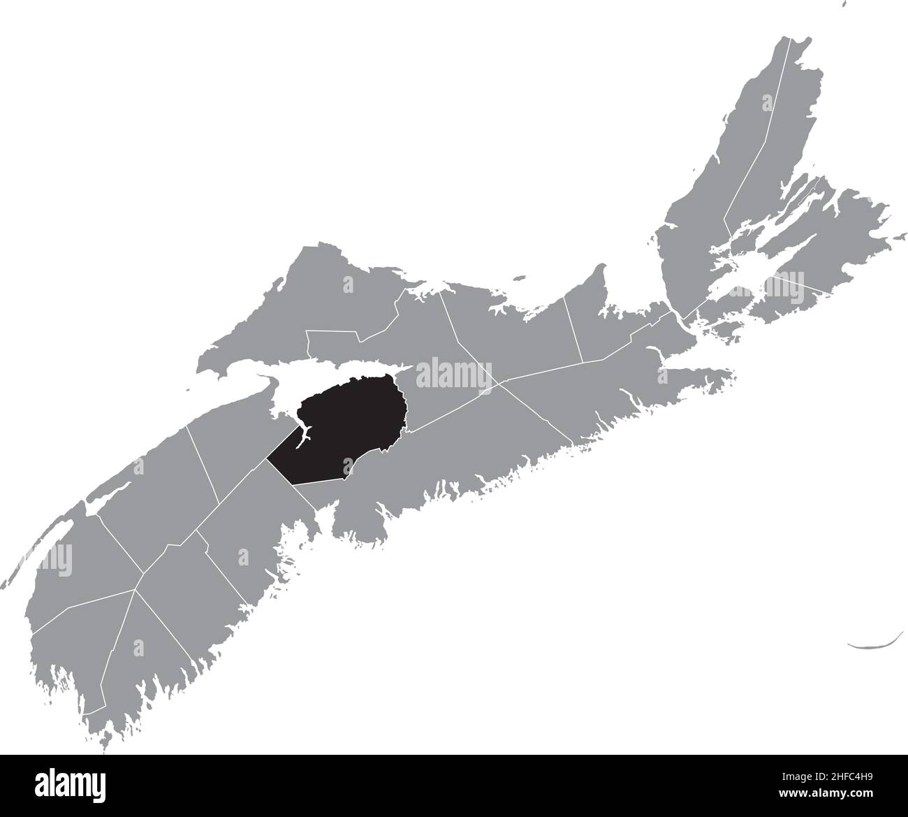 Nero piatto vuoto evidenziato mappa della posizione della CONTEA DI HANTS all'interno grigio mappa amministrativa delle contee della provincia canadese di Nova Scotia, Canada Illustrazione Vettoriale