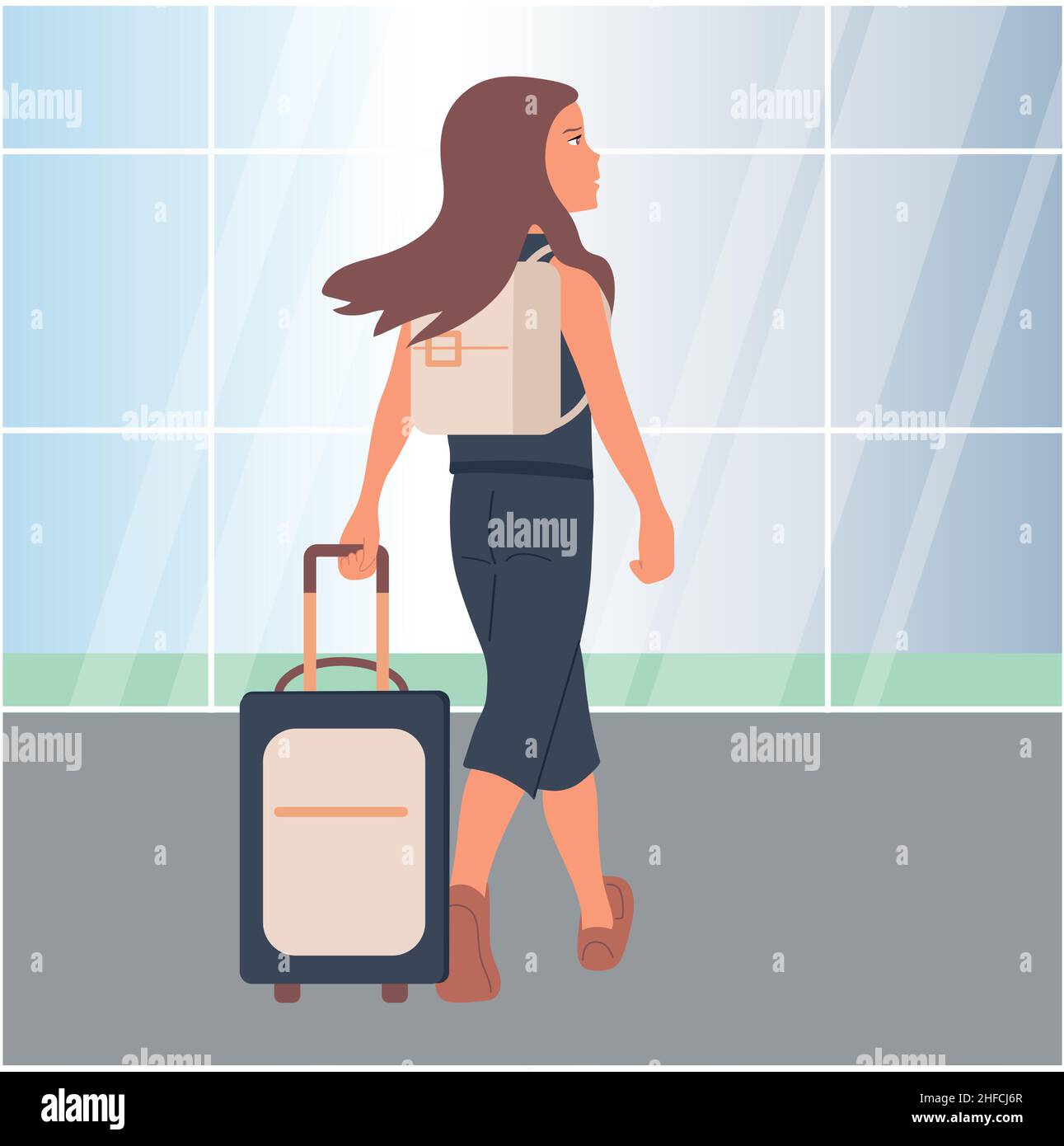 Ragazza con uno zaino e una valigia all'aeroporto. Arrivò in una città nuova e sconosciuta. Viaggio. Illustrazione Vettoriale