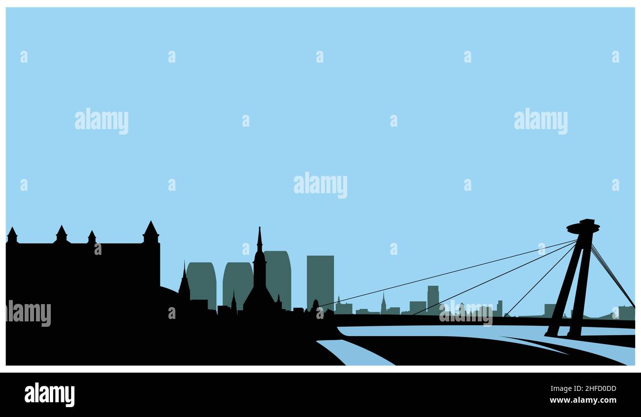 Bratislava città profilo skyline, paesaggio urbano con ponte SNP, castello e città vecchia di Bratislava, vettore Illustrazione Vettoriale