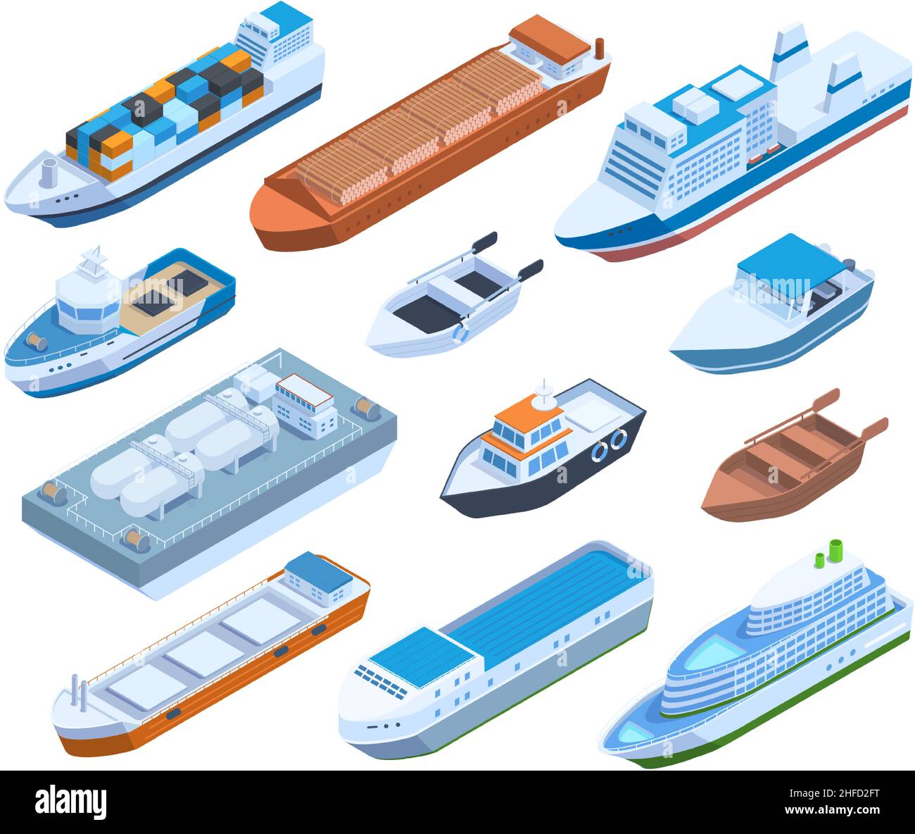 Navi commerciali isometriche, yacht, chiatta, crociere e barche a vela. Passeggeri, navi da carico, yacht e nave vettore set di illustrazione. Acqua Illustrazione Vettoriale