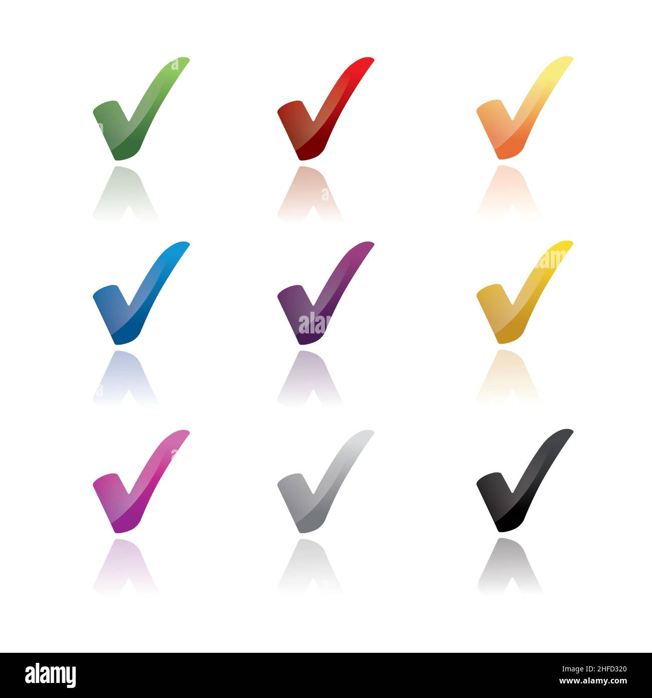 Controllare il set di icone 3D, il simbolo ok in colori diversi su sfondo bianco. Illustrazione vettoriale. File vettoriale EPS 10. Illustrazione Vettoriale