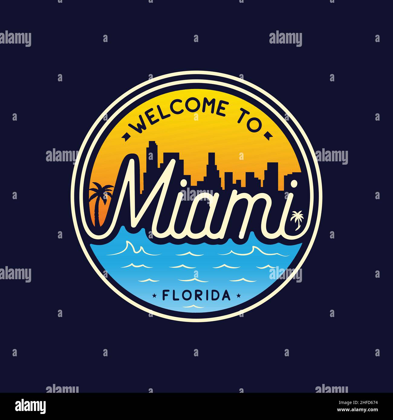 Benvenuti nel modello di design vettoriale di Miami. Miami Florida vettore e illustrazione. Illustrazione Vettoriale